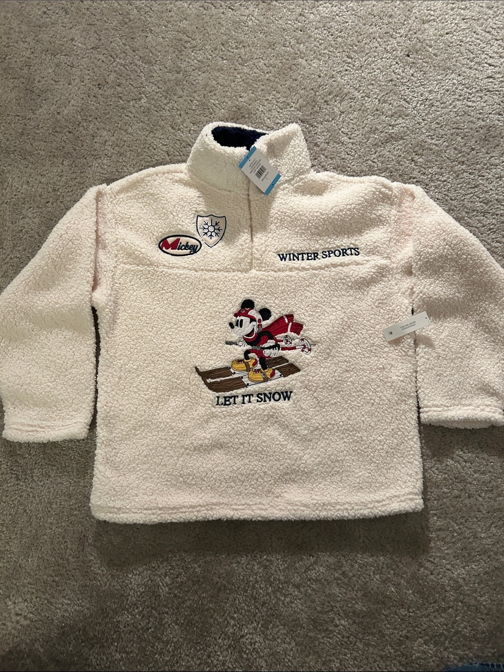 Disney Cream Teddy Fleece quarter zip with Mickey Ski Embroidery